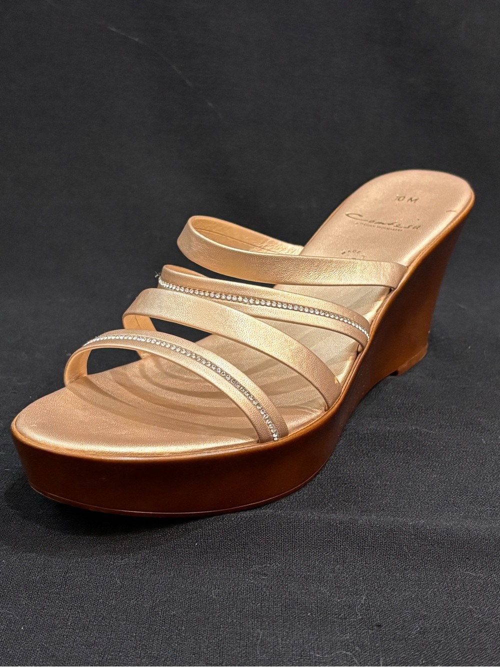 Metallic Gold Crystal Strap Platform Wedge Slides 10M Contesa Made in Italy